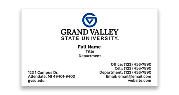 A mockup of a business card with a Grand Valley logo on it.